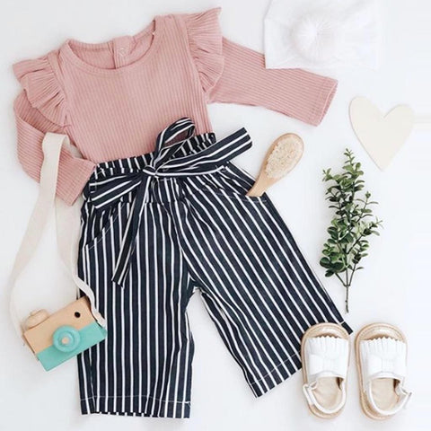 Stylish Cotton Ribbed Pullover and Striped Pants Set