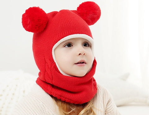 Fleece-Lined Hat with Pom Pom Ears