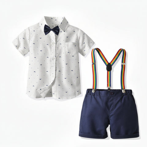 Children's outfit with white shirt, navy shorts, and suspenders on a white background