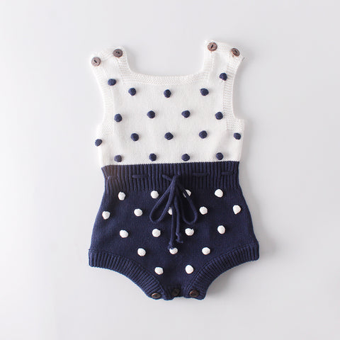 Handmade Knit Romper with Pom Pom Dots