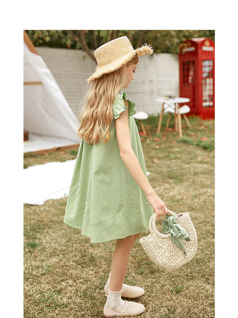 Cotton Blend Dress Flutter Sleeve Detail
