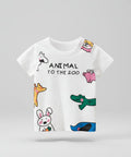 White t-shirt with colorful animal illustrations and text on a white background
