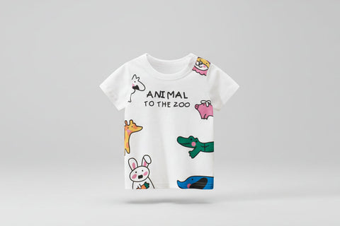 White t-shirt with colorful animal illustrations and text on a white background