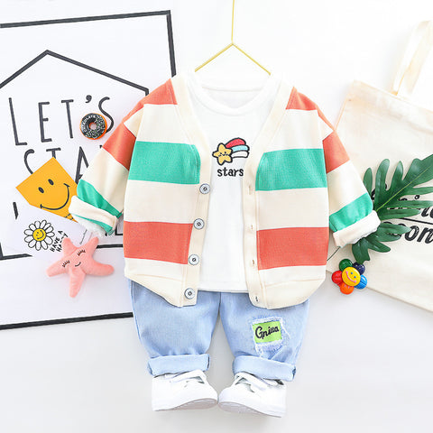 Playful Cotton Cardigan, T-Shirt and Denim Pants Set