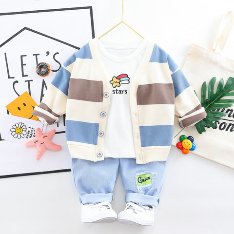 Playful Cotton Cardigan, T-Shirt and Denim Pants Set