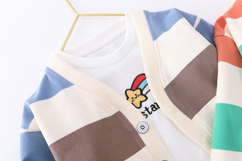 Playful Cotton Cardigan, T-Shirt and Denim Pants Set