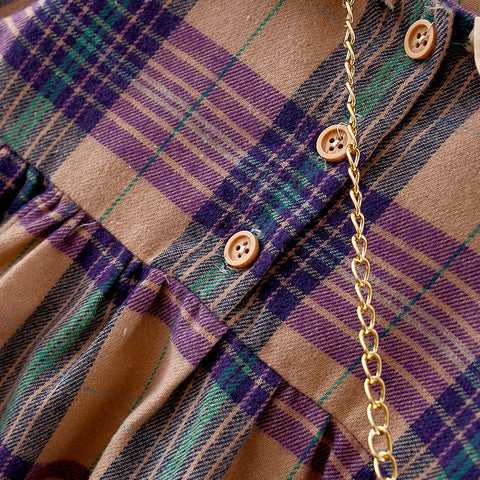 Komplet bombažne karo obleke in punčke medvedka