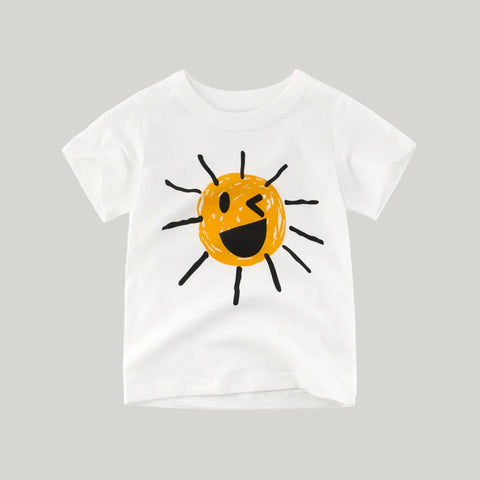 White t-shirt with a sun design on a white background