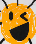 Illustration of a smiling face with a yellow circle, black mouth, and black lines for hair on a white background.