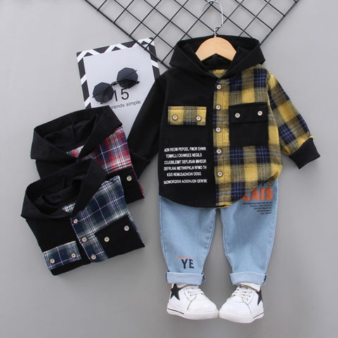 Cotton Hooded Plaid Shirt and Denim Pants Set