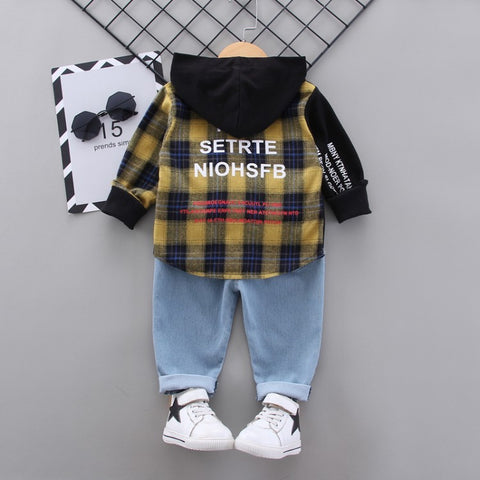 Cotton Hooded Plaid Shirt and Denim Pants Set