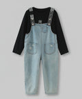 Black long-sleeve shirt with suspenders and light blue denim overalls on a white background