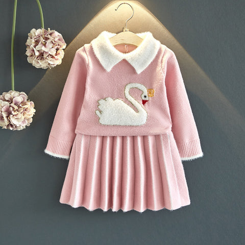 Elegant Pink Embroidered Swan Top and Pleated Skirt Set