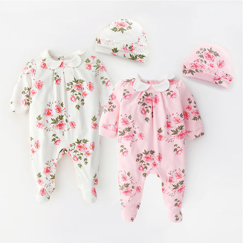 Floral Cotton Sleepsuit with Peter Pan Collar & Hat