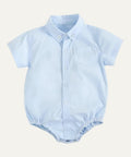 Light blue baby romper with collar on a gray background