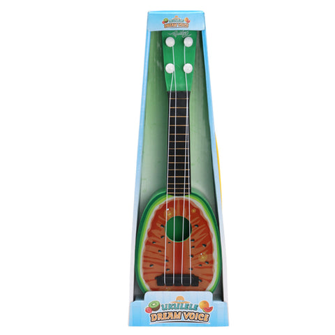 Toy guitar shaped like a watermelon with packaging on a white background