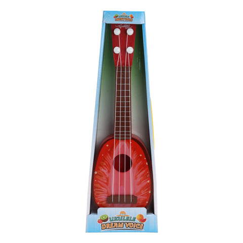 Red toy guitar with packaging on a white background