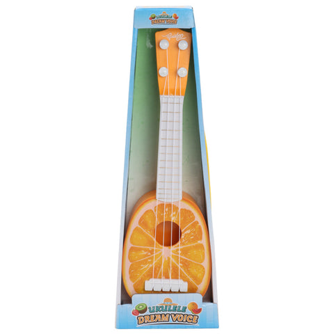 Toy guitar shaped like an orange in its packaging on a white background