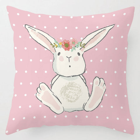Whimsical Linen Throw Pillow Illustrated Bunny Design
