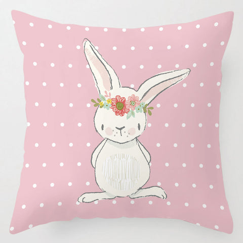 Whimsical Linen Throw Pillow Illustrated Bunny Design