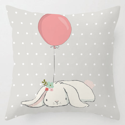 Whimsical Linen Throw Pillow Illustrated Bunny Design