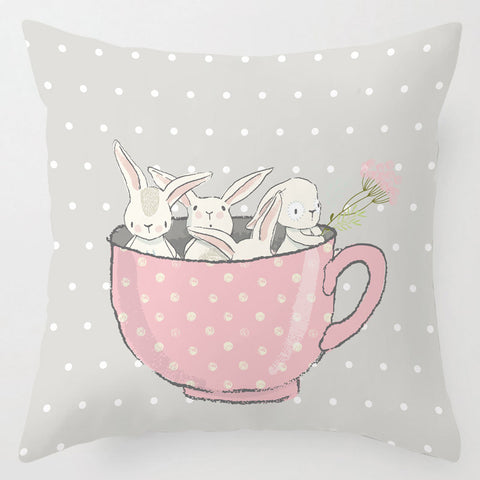 Whimsical Linen Throw Pillow Illustrated Bunny Design