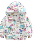 Children's jacket with colorful animal print on a white background