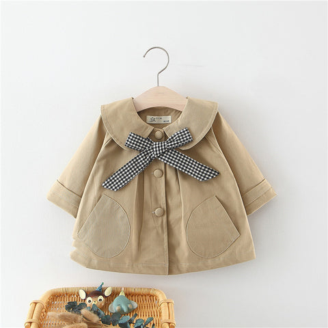 Cotton Trench Coat with Check Bow