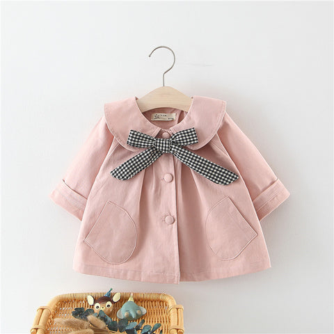 Cotton Trench Coat with Check Bow