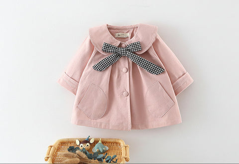 Cotton Trench Coat with Check Bow
