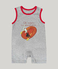 Gray baby romper with red trim and cartoon design on a white background