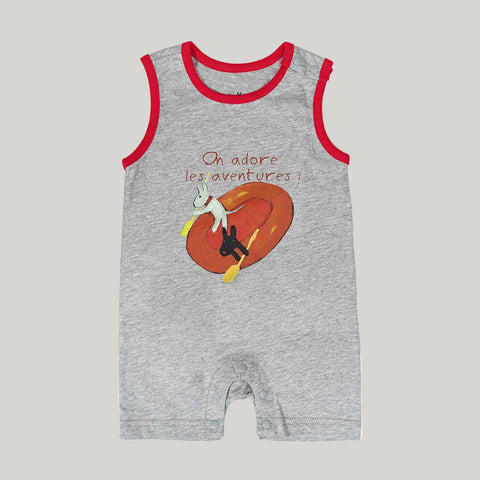 Gray baby romper with red trim and cartoon design on a white background