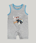 Gray baby romper with dog graphics and text on a white background