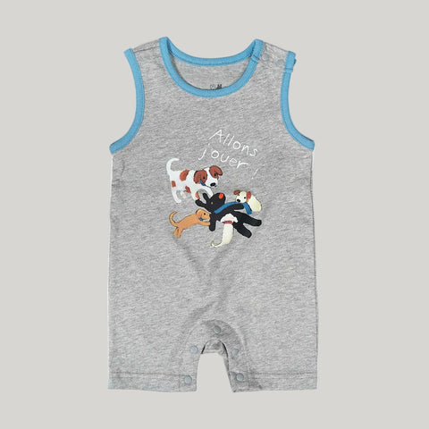 Gray baby romper with dog graphics and text on a white background