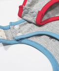 Gray baby romper with red and blue trim on a white background