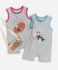 Two gray baby rompers with colorful graphics and text on a white background
