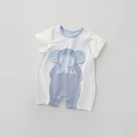 White baby romper with blue elephant design on a gray background