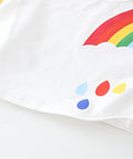 White fabric with a colorful rainbow and cloud design on a light gray background