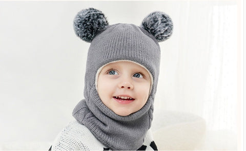 Fleece-Lined Hat with Pom Pom Ears