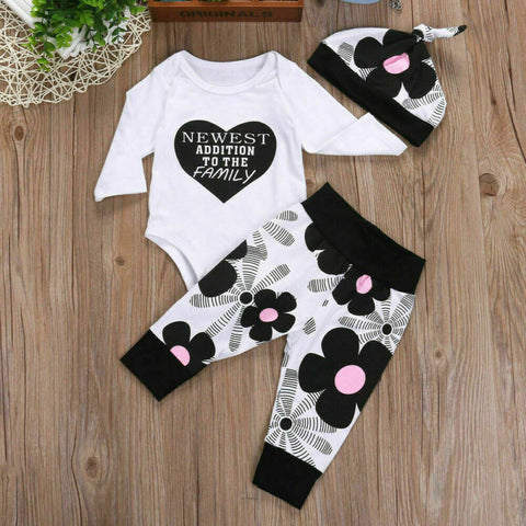 Flower Print Long Sleeve Romper, Pants and Hat Set