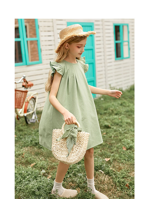 Cotton Blend Dress Flutter Sleeve Detail