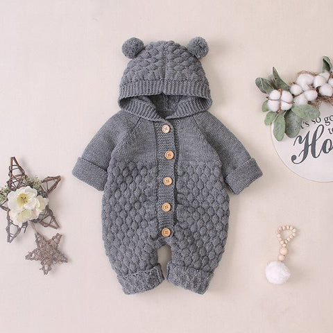 Cozy Knit Hooded Romper with Wooden Buttons