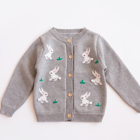 Knit Cardigan with Bunny Embroidery