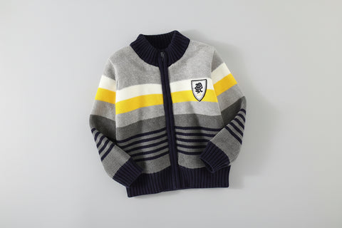 Cotton Zip-Up Cardigan with Striped Design