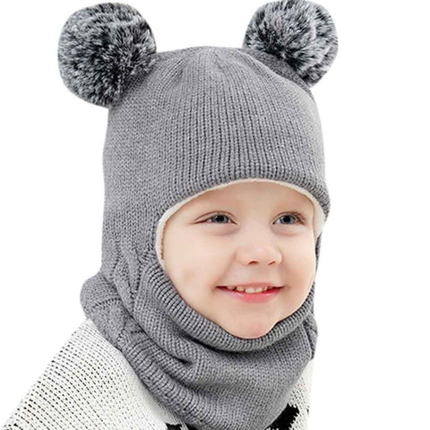 Fleece-Lined Hat with Pom Pom Ears
