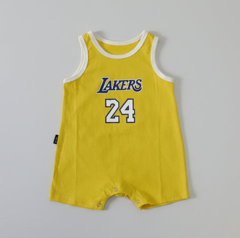 Yellow romper with 'Lakers' and number '24' on a white background