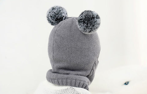 Fleece-Lined Hat with Pom Pom Ears