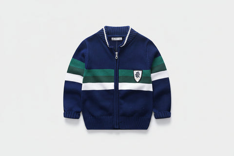 Children's blue sweater with green and white stripes on a white background