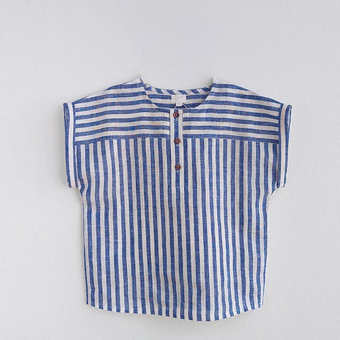 Blue and white striped sleeveless shirt on a light gray background