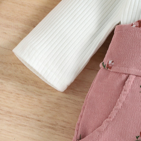 Floral Corduroy Overalls and Ruffle Blouse Set